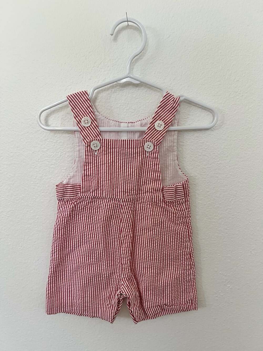 Jacadi Paris Baby Boy Red and White Striped Seersucker Shortalls